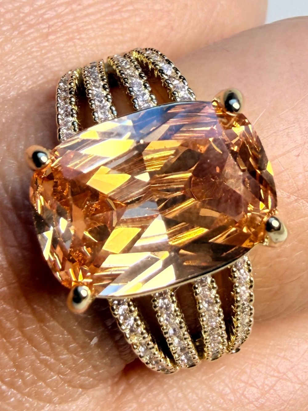 Gold Tone Ring with Champagne Colored Gemstone - Picture 2 of 10